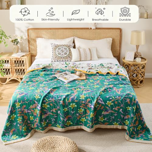 Image of VANJOROY Boho Throw Blanket, 100% Organic Cotton Breathable Skin-Friendly Ultra Soft 60 inch x 80 inch Bed Quilt Throw - Floral Rustic Decor Luxury Reversible Blanket for Sofa Couch Chair and Gift,