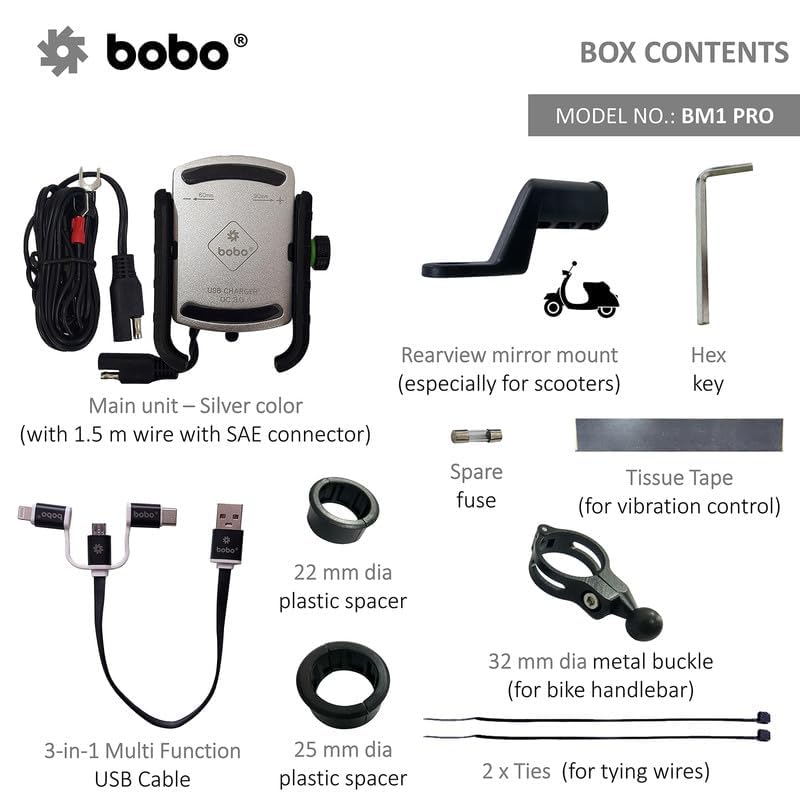 Image of BOBO BM1 PRO Jaw-Grip Waterproof Bike /Motorcycle /Scooter Mobile Phone Holder Mount with Fast USB 3.0 Charger, SAE Connector & Small USB Cable, Ideal for Maps and GPS Navigation (Silver)