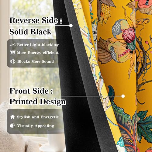 Image of MYSKY HOME Yellow Floral 95% Blackout Curtains 90 Inch Long Bedroom Black Out Thermal Insulated Noise Reducing Drapes Flower Printed Cottagecore Style Grommet Window Treatment Living Room, Pack-2