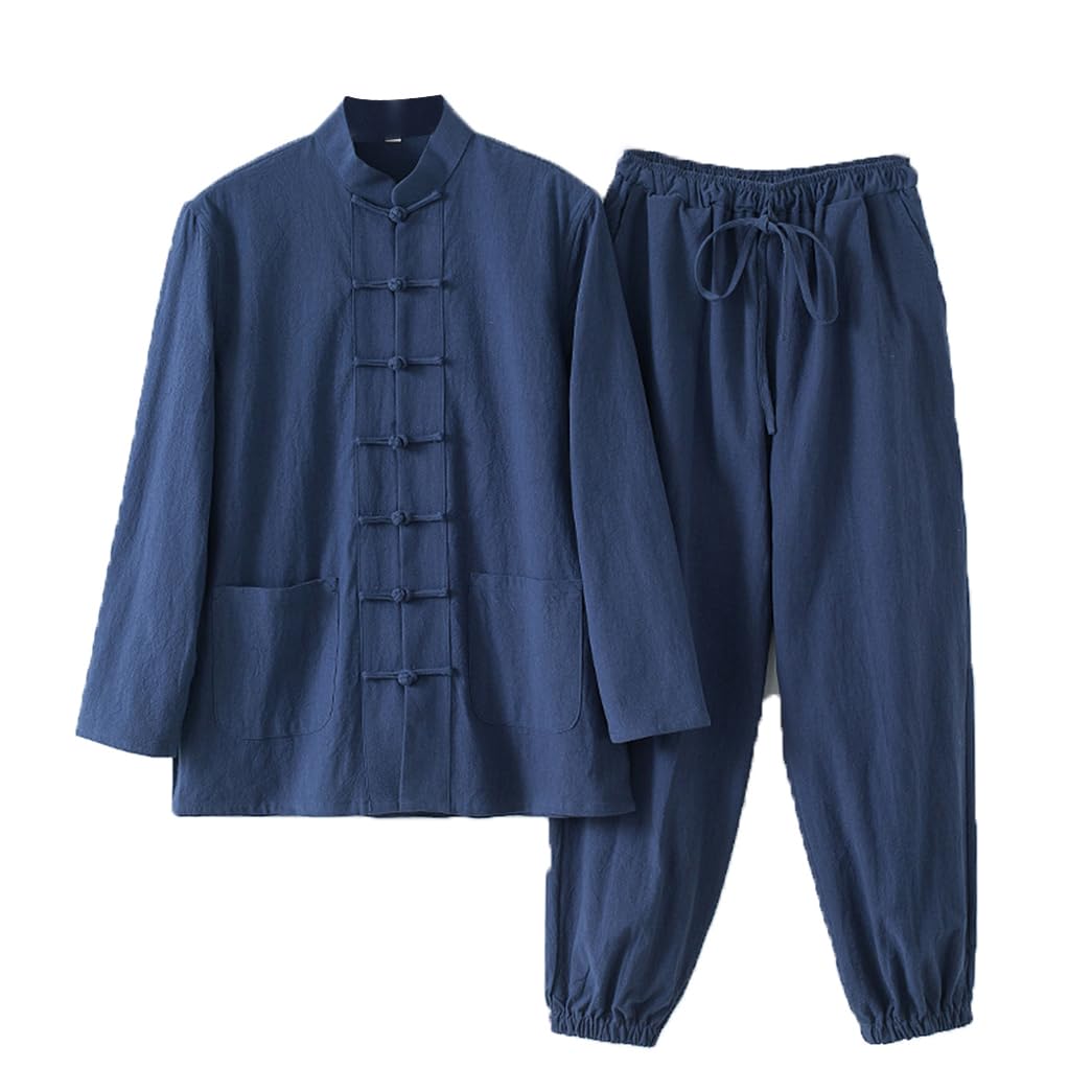 ZHOUXIAO Baumwollwäsche Tai Chi Uniform Männer Kung Fu Kleidung Langarm chinesische traditionelle Kleidung, großer Tanganzug Hanfu Hosen Jacken Kampfkunstanzug Meditation Kle blue-M