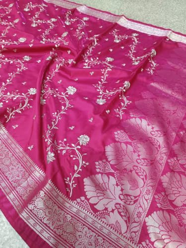 Image of Women's Glory Banarasi Satin Silk Saree with Rich Golden Zari Floral Embroidery | Kanjivaram Style | Traditional Wedding & Festive sadi with Contrast Border | Designer Party Sari Collection