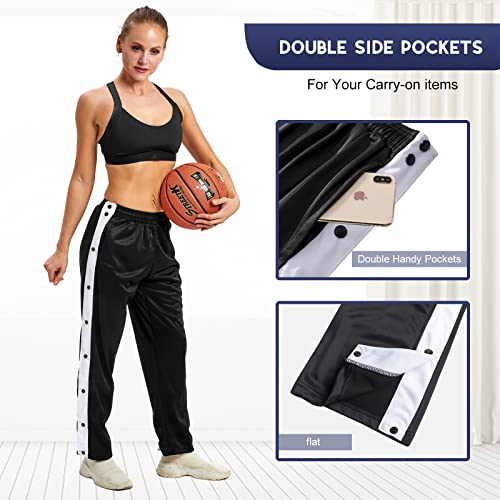Women's Athletic Tear Away Fitness Pants For Post Surgery Side Snap Button Basketball Warm Up Sweatpants Casual Fashion Open Leg Stripe Jogging Workout With Pockets（Black Xl） #TOP3