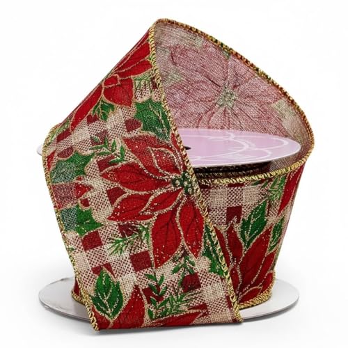 Image of Poinsettia Plaid Christmas Tree Ribbon - 2 1 /2 inch x 10 Yards, Wired Holiday Ribbon, Gift Wrapping, Garland, Wreath, Bows, Presents, Fundraiser, Boxing Day, Classroom, Office, Arts and Crafts