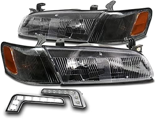 Replacement Headlights Black w/Corner Lights + 6.25" White LED DRL Compatible with 1997-1999 Toyota Camry