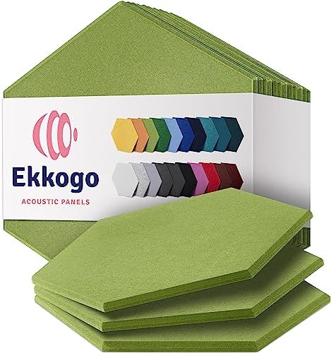 Ekkogo Acoustic Panels 12-Pack Soundproof Wall Panels 14”X13”X0.4” Sound Panels High Density Sound Dampening Panels – [Gin Green Hexagon]
