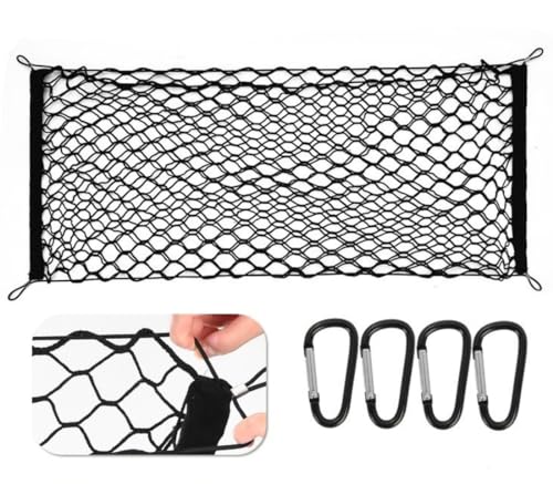 ラゲッジネット 車用 トランクネット カーゴネット 2層 収納ネット 荷物落下防止 荷物固定 全体ゴム 強い伸縮性 4フック付き 収納スペース拡大 周囲補強 軽自動車 SUV 車種 など適合 固定フック付き (2層/130*45CM, ブラック)