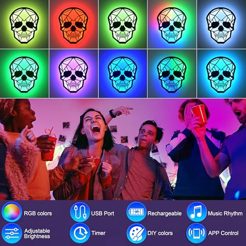 Image of Battery Wall Lamp with RGB Color and Changing APP, Magnetic Cordless Skull Wall Sconces with Music Rhythm, Modern Smart LED Bedside lamp for Bedroom Living Rooms