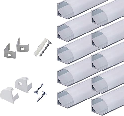 hunhun Paquete de 10 unidades de sistema de canales de aluminio LED en forma de V de 66 pies con cubierta lechosa tapas de extremo y clips de
