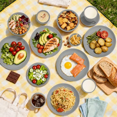 Image of Kids Wheat Straw Dinnerware Sets for 4, 16 Piece Unbreakable Dinnerware Set, Kids Plates and Bowls Sets, Kitchen Plates and Bowls Set, Lightweight Dish Set for Party, Camping,RV - Grey