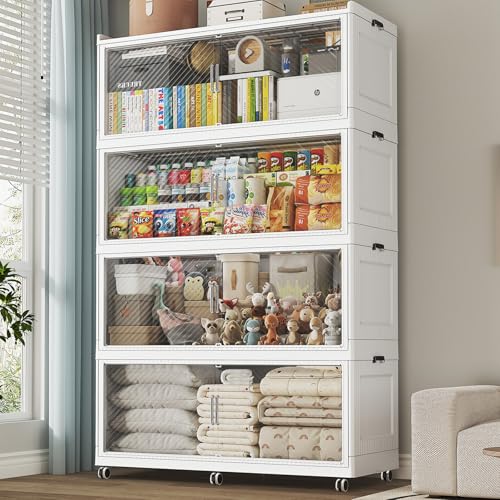 Image of 200 Gallon Extra Large Collapsible Storage Bin with Lid, 960QT Stackable Plastic Organizer with 6x Wheels, Foldable Drawer Cabinet for Closet, Living Room Office, Kitchen 4Pack, White