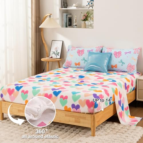 Image of A Nice Night Full Size Bed in A Bag Bow Comforter Set for Kids,Quilt Bedding Set with Bowknot & Chic Polka Dot Pattern,Blue Background Room Decor for Girls