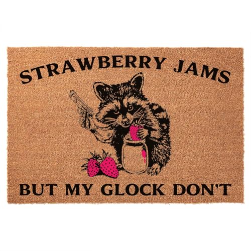 Funny Welcome Door Mat-Strawberry But My Glock Dont Jam Natural Coco Coir Heavy Duty Backing Front Doormat Cute Non-Slip Front Door Entryway & Outdoor Brown 23.6 x 15.7 Inches