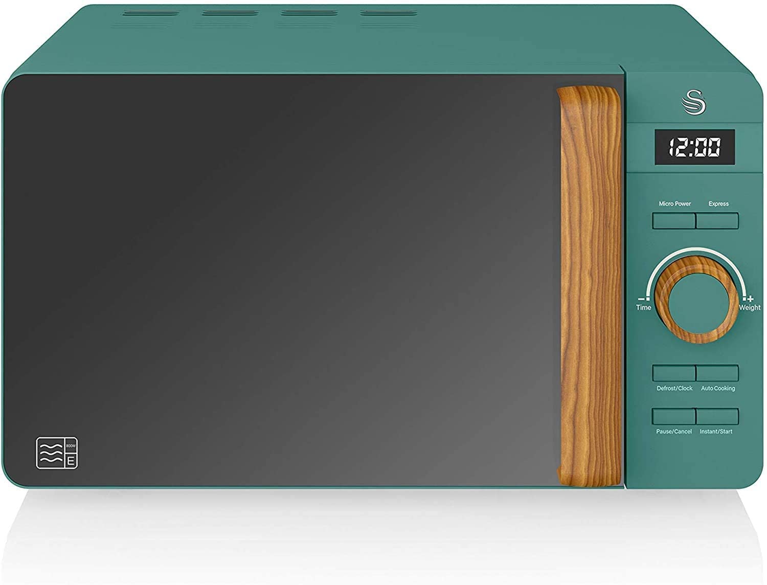 Swan Nordic Microondas digital 20L, 6 Niveles Funcionamiento, 800W Potencia, Temporizador 30 min, Fácil Limpieza, Modo Descongelar, Diseño Moderno, Tirador Efecto Madera, Verde Mate