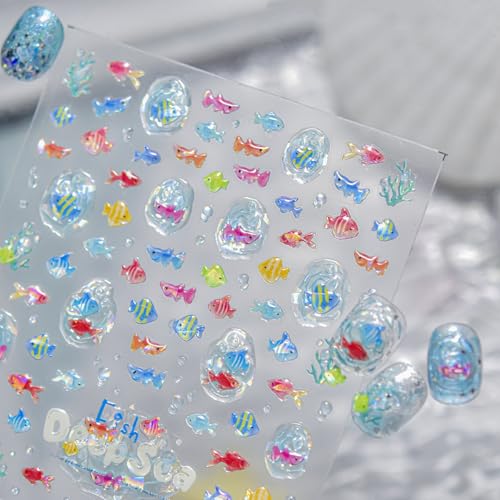Image of Tropical Fish Nail Stickers Summer Nail Art Stickers Ice-Transparent Design 5D Embossed Self Adhesive Nail Decals for Women Manicure DIY Decoration Accessories