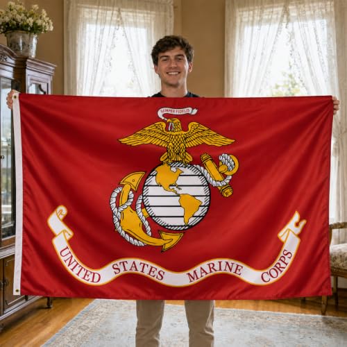 Image of Ahfulife 2pcs US Marine Corps USMC Military Flags 3x5 FT for Outside - Double Side with 2 Brass Grommets for Garden Street Decoration Indoor Outdoor