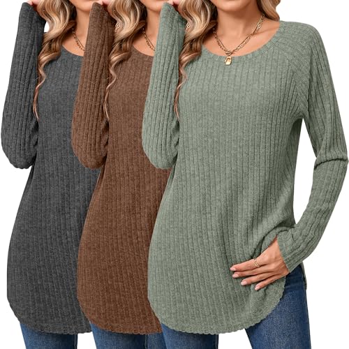 Ficerd 3 Pack Women's Curved Hem Long Sleeve Sweaters, Side Split Crew Neck Tunic Tops Loose Fit Shirts Basic Pullover