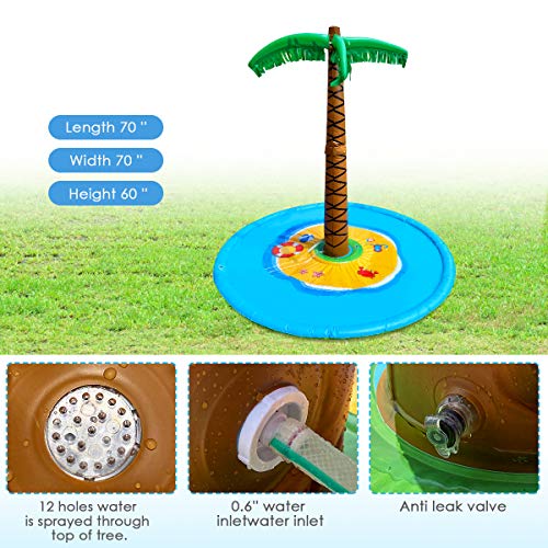 Fane Palm Tree Sprinkle and Splash Water Play Mat, Inflatable 70\'\' Water Play Spray Mat Toy Outdoor Backyard Party Sprinkler for Kids Summer Gift