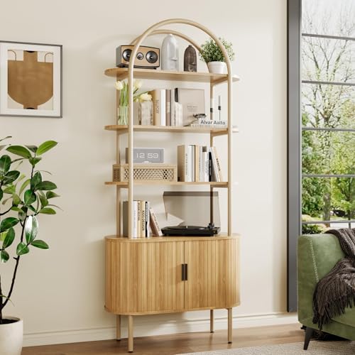 BREEZEHEAT 71" Fluted Arched Bookshelf, Boho Bookshelf with Sliding Tambour