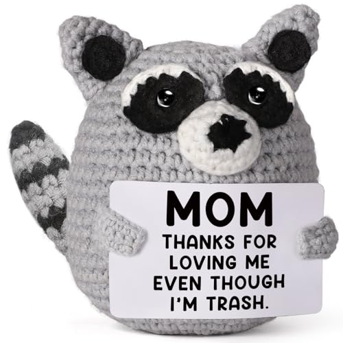 Weming Gifts for Mom, Handmade Crochet Raccoon Plush with Funny Message Sign for Mothers Day, from...
