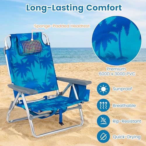 Image of Giantex Folding Beach Chair, Patio Sling Chairs with 5 Adjustable Position, Head Pillow, Storage Bag, Towel Bar, Cup Holders, Backpack Chairs for Sunbathing, Camping Chair