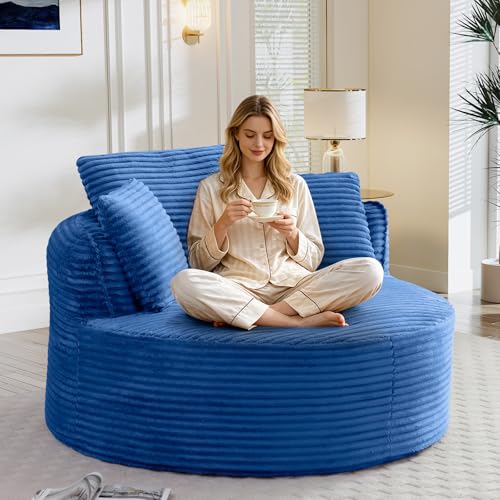 Image of Antetek 53.5-inch Round Chair, Modern Accent Corduroy Comfy Deep Seat Boneless Foam Floor Single Circle Chaise Sofa Chair with 3 Pillows for Living Room Bedroom Office, No Assembly Required, Blue