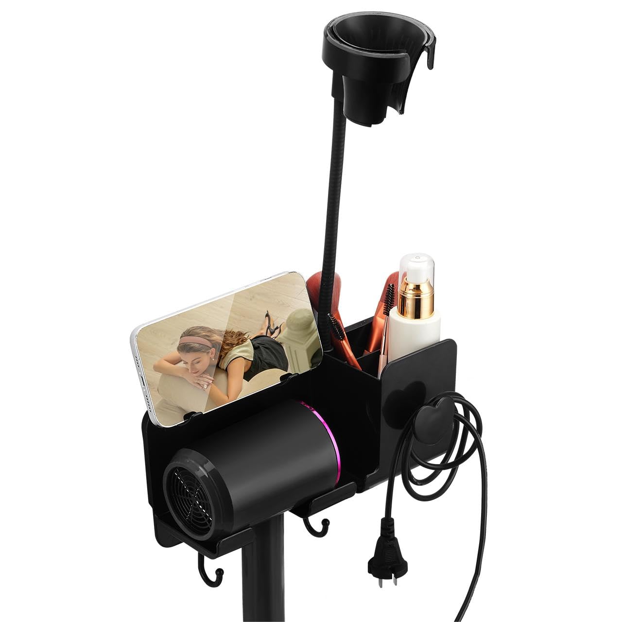 Hair Dryer Holder Wall Mounted Blow Dryer Holder for Dyson Hair Tool Storage Organizer Adhesive Hairdryer for Wall Mount for Bathroom Hands Free Hair Dryer Holder Shelf with 4 Hooks Black