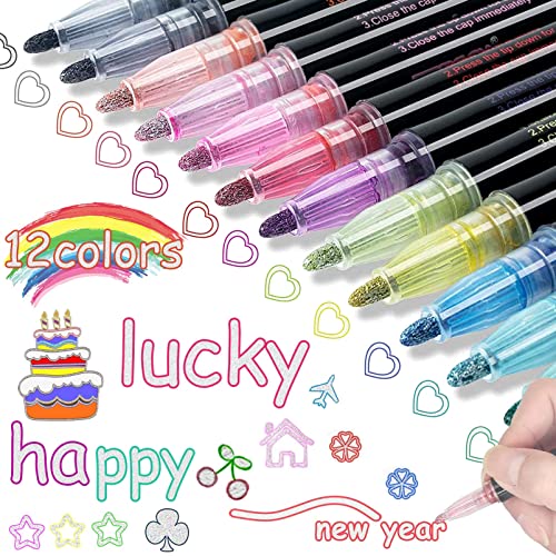 Sunshine smile Pen 12 Colores Pluma de Contorno,Marcador permanente para pintar,Los bolígrafos de contorno,Boligrafps doble linea,Rotuladores de Doble Líneas,Rotuladores magicos,Bolígrafos de Contorno Cover