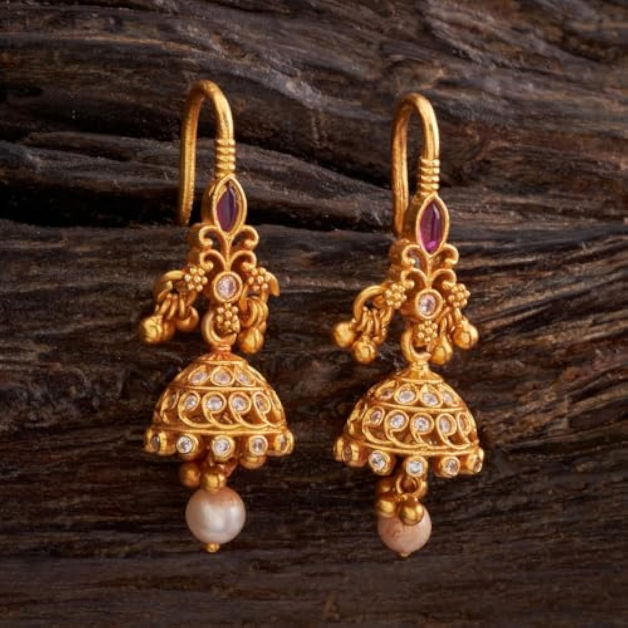 Women's Ruby Gold Plated Ethnic Silver Temple Earrings