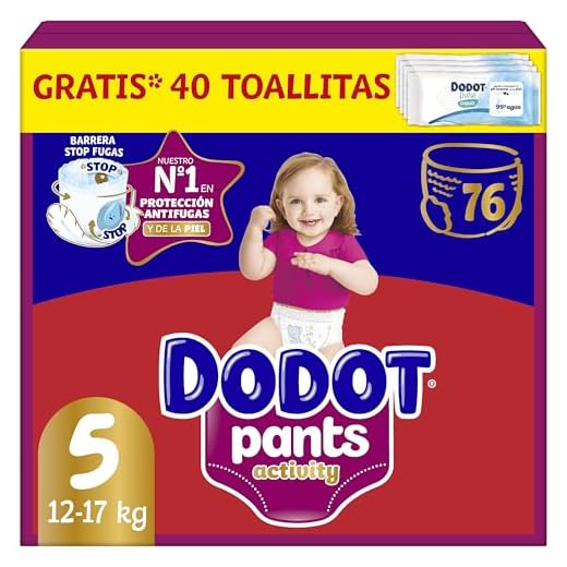 Dodot Activity Pants Pañal-Braguita Talla 5, 76 Pañales, 12kg - 17kg + 1 Pack de 40 Toallitas Gratis Cuiado Total, Pack Mensual