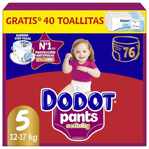 Dodot Pañal-Braguita Activity Pants , Talla 5 (12-17 kg), 76 Pañales + Regalo de 1 Pack de 40 Toallitas, Con Ajuste 360 anti-fugas extra suave
