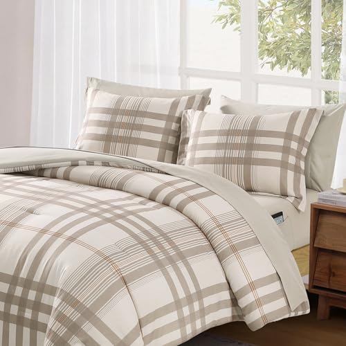 Image of MaiReve Full Size Comforter Set Brown Grey, Classic Plaid Farmhouse Bedding Sets 7 Pieces, All Season Lightweight Bed in a Bag with Sheets, Pillowcases & Shams