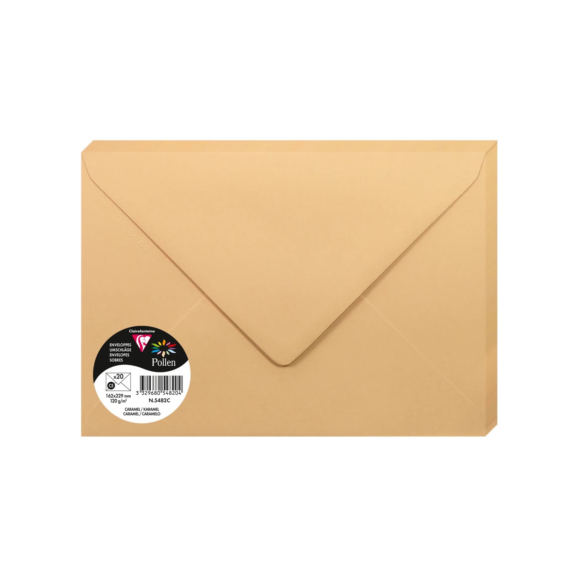 Clairefontaine 5482C Pack of 20 Gummed Envelopes Format C5 16,2x22,9cm 120gsm Colour Caramel Invitation Events Correspondence Pollen Range Premium Smooth Paper