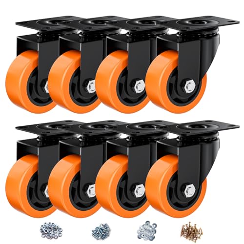 Image of 3 Inch Caster Wheels, Casters Set of 8 Heavy Duty, Orange Polyurethane (PU) Casters, Industrial Swivel Top Plate Castor Wheels for Workbench /Furniture /Cart (Pack of 8)