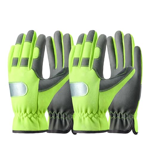 COOLJOB Hi-vis Reflective Safety Work Garden Gloves for Men Women, Faux Leather Utility Mechanic Gloves with Grip, 2 Pairs, Medium, Yellow