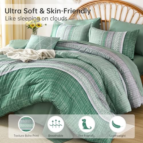 Image of Boho Queen Comforter Size Set, 8 Pieces Sage Green Striped Texture Bed in a Bag Bedding Sets, Lightweight Soft Comforter and Sheet Set, All Season Microfiber Teen Boys Bedding Sets for Men Women