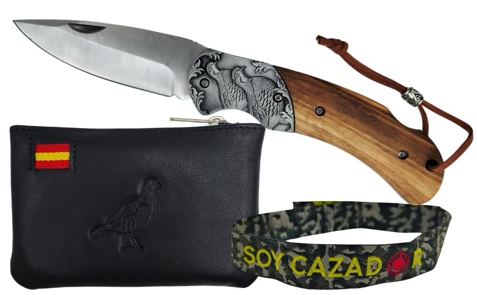 Planta Color Pack Caza Perdiz | Navaja Plegable Back Lock Hoja 9,5 cm Mango Madera Virola Grabada | Monedero Artesanal Piel Grabado | Pulsera Soy Cazador (Virola Perdíz)