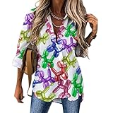 JOJOART Colorful Dog Balloons Button Down Shirts for Women Long Sleeve Shirt Irregular Hem Casual V Neck Blouse Fit Tops M