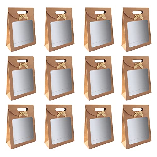 12 Piezas Bolsas Papel Marrónes, Bolsa de Regalo con Ventana, Bolsa de Regalo con Asa Marrón, para Envolver Regalos de Fiesta, Galletas, Dulces