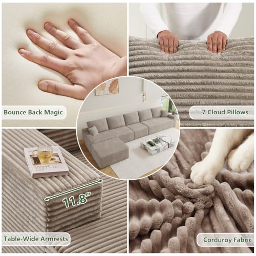 Image of Oversized Modular Sectional Sofa Couch, Large 6 Seater Corner Sofa Modern L Shaped Sectional Couch with Ottoman Cloud Couches for Living Room, Office, Spacious Space, Corduroy, No Assembly, Camel