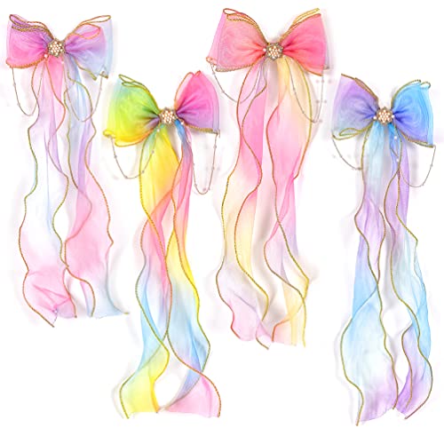 Ribbon Colored Hair Bows, 4 Pcs Large Braided Bow With Clips Colorful Glitter Bowknot With Long, Big Hair Bows Clips For Women Girls Wedding Birthday Party (4 Colors) #TOP8