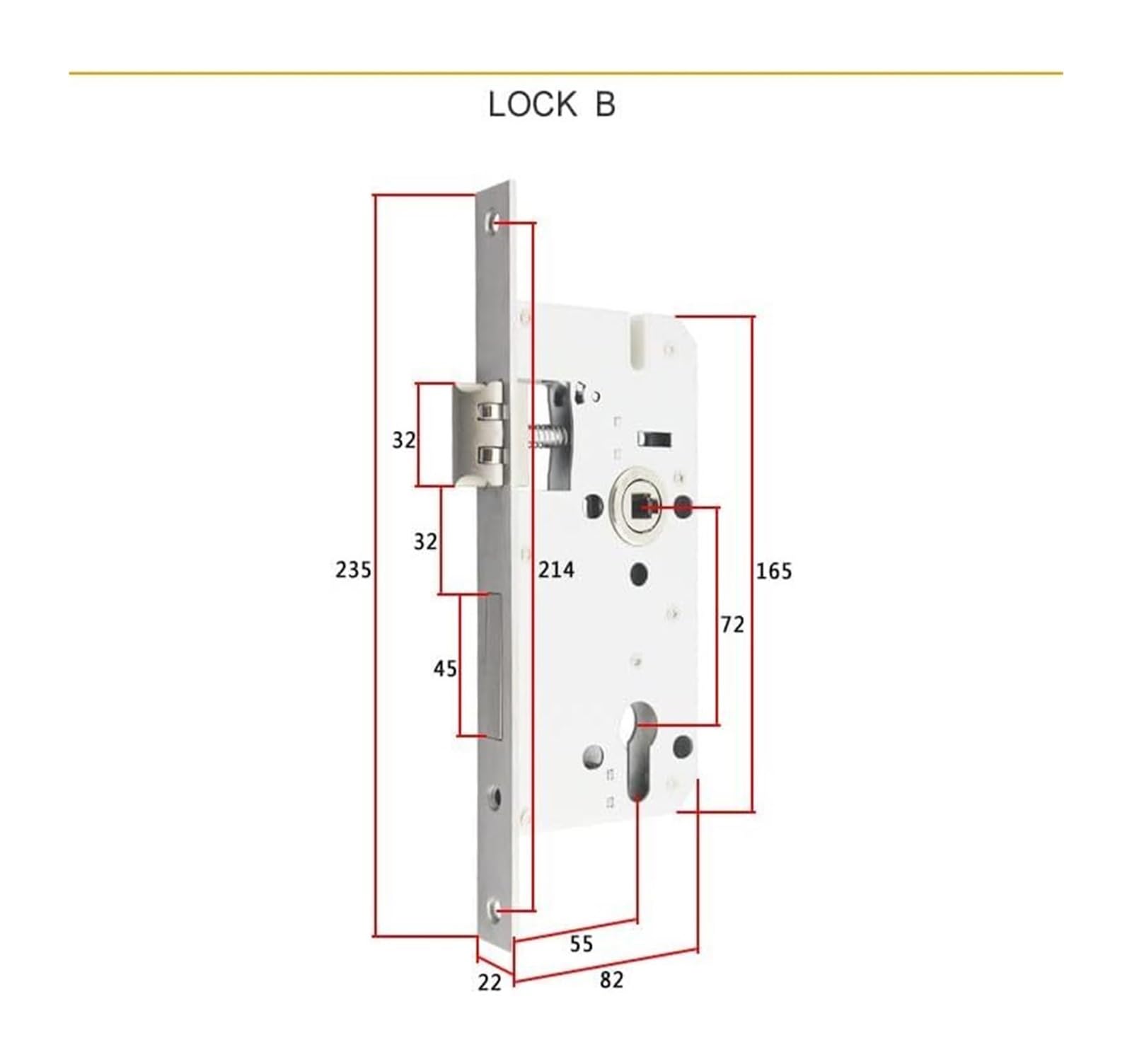Zamki wpuszczane, zamki skrzydłowe, Korpus Mortice Silent Lock z języczkiem, okrągły i kwadratowy panel 235x23mm 32mm Cylinder 55mm 5572(Lock B-72mm)