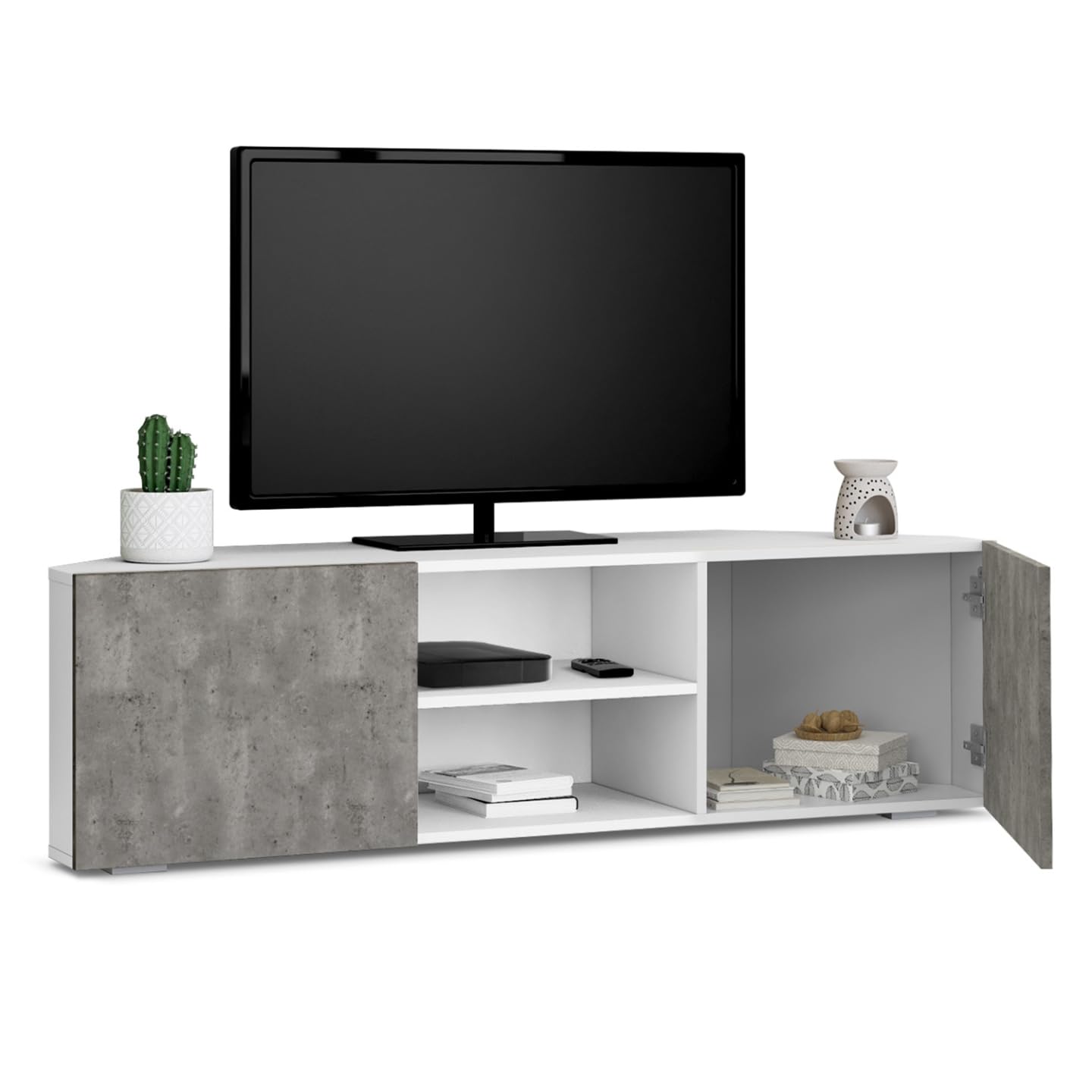 IDMarket - Meuble TV 110 cm d'angle ELI Blanc Portes Effet béton