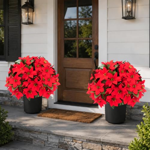 Image of 26 inch Artificial Poinsettia Topiary Ball Tree 2-Pack, UV Resistant Outdoor