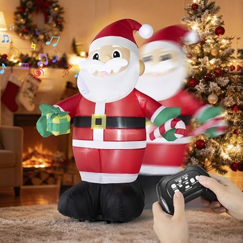 JOYIN Papá Noel inflable de Navidad de 3 pies de alto, Papá Noel inflable con control remoto con rotación de 360°, hacia adelante y hacia atrás, recargable para caminar con LED integrado y música para