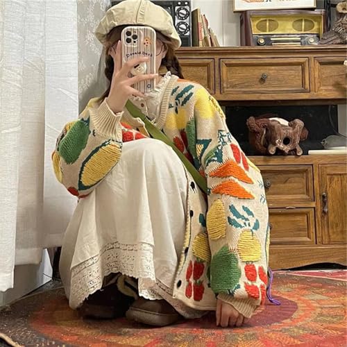 Women Flower Fruit Embroidery Sweater Button Down Oversized Cardigan Knitted Long Sleeve Winter Top Knitwear4