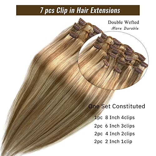 Image of Clip in Hair Extensions, Golden Blonde with Light Blonde Highlights Remy Hair Extensions Clip in Real Human Hair 7 Pcs 70G Clip in Extensions 18 Inch Double Wefts Hair Clip ins for Fine Hair Women