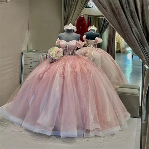 WDBFY Glitter Lace Beaded Quinceanera Dresses Puffy Off Shoulder Sweet 16 Dresses Lace Appliques Prom Gowns with Train4