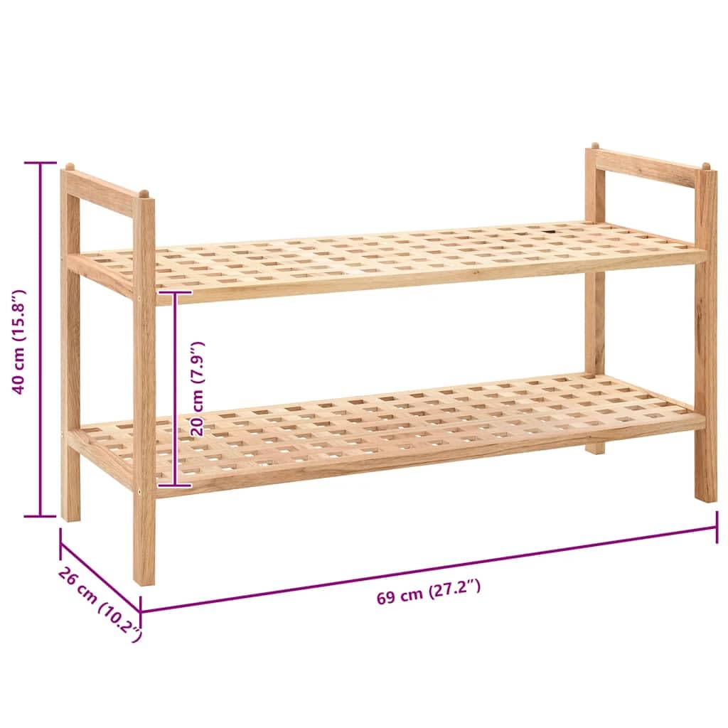 Schuhregal aus massivem Walnussholz 69x26x40 cm mit 2 Ablagen, platzsparend und stapelbar für Flur, Diele und Eingangsbereich, stabile Schuhablage und Ordnungssystem