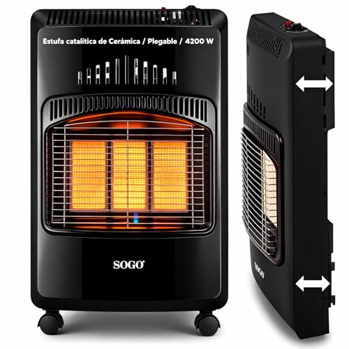 SOGO Estufa de Gas Butano Catalítica de Cerámica 4200W con Triple Sistema de Seguridad - Estufa Catalítica Portátil Plegable con Ruedas - Estufa Catalítica Gas Butano para Interior y Exterior