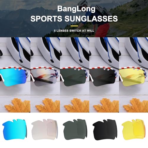 Image of BangLong Polarized UV400 Sports Sunglasses with 5 Lenses for Men Women | TR90 Flexible Frame, 5 Interchangeable Lens with RX Insert, 0.9oz Sports Glasses for Running Cycling Baseball Hiking